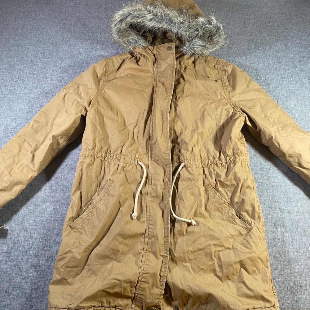 Old Navy‎ Women's Tan Drawstring Hooded Parka Jacket Faux Fur Trim Small